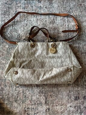 Michael Kors Beige MK Logo Tote with Brown Leather Straps